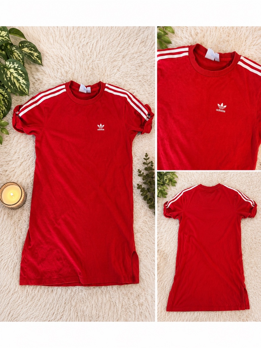 adidas Red Short Sleeve Tee Dress with White Three-Stripes